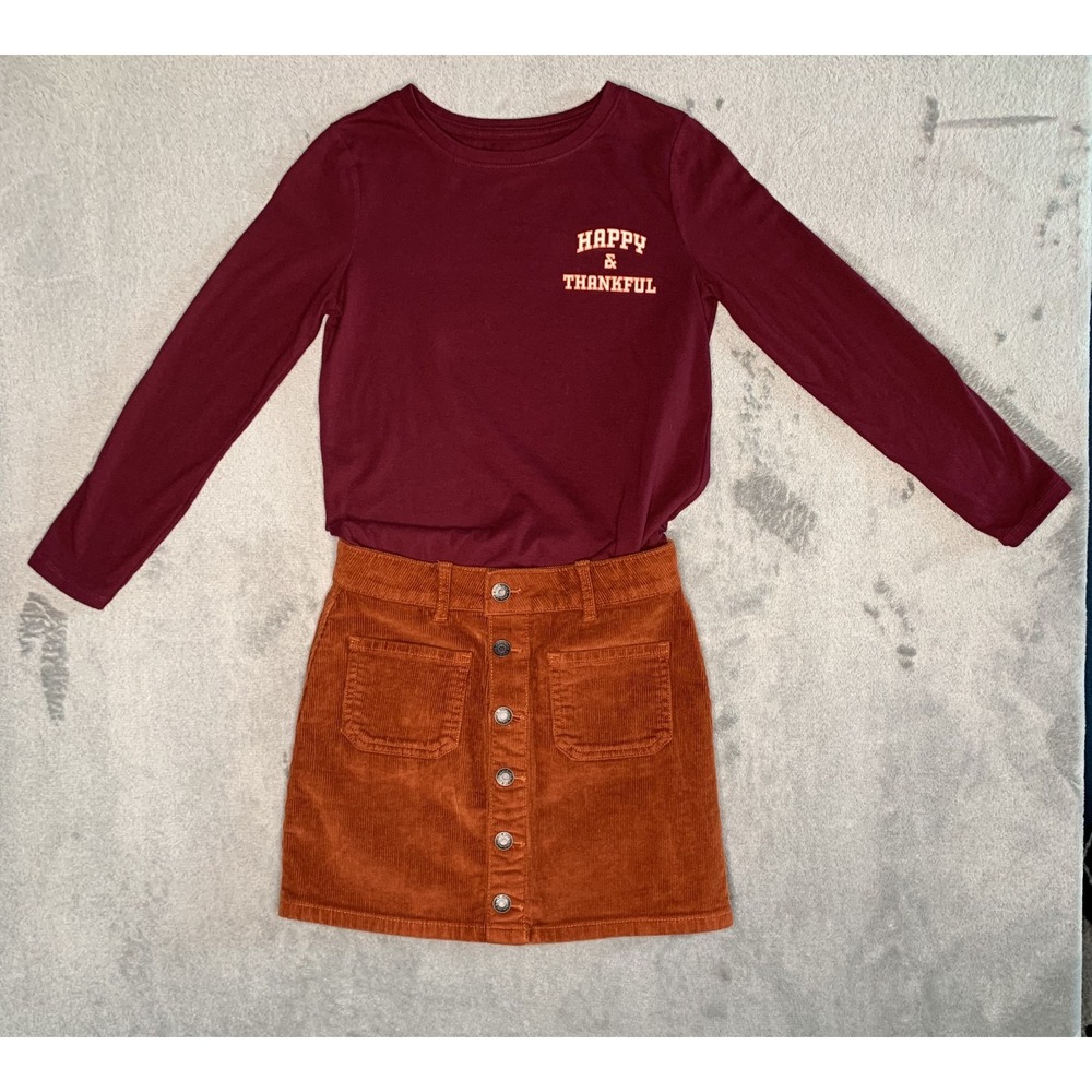 Cat & Jack Girls Size 8 Long Sleeved Thanksgiving Shirt and Corduroy Skirt